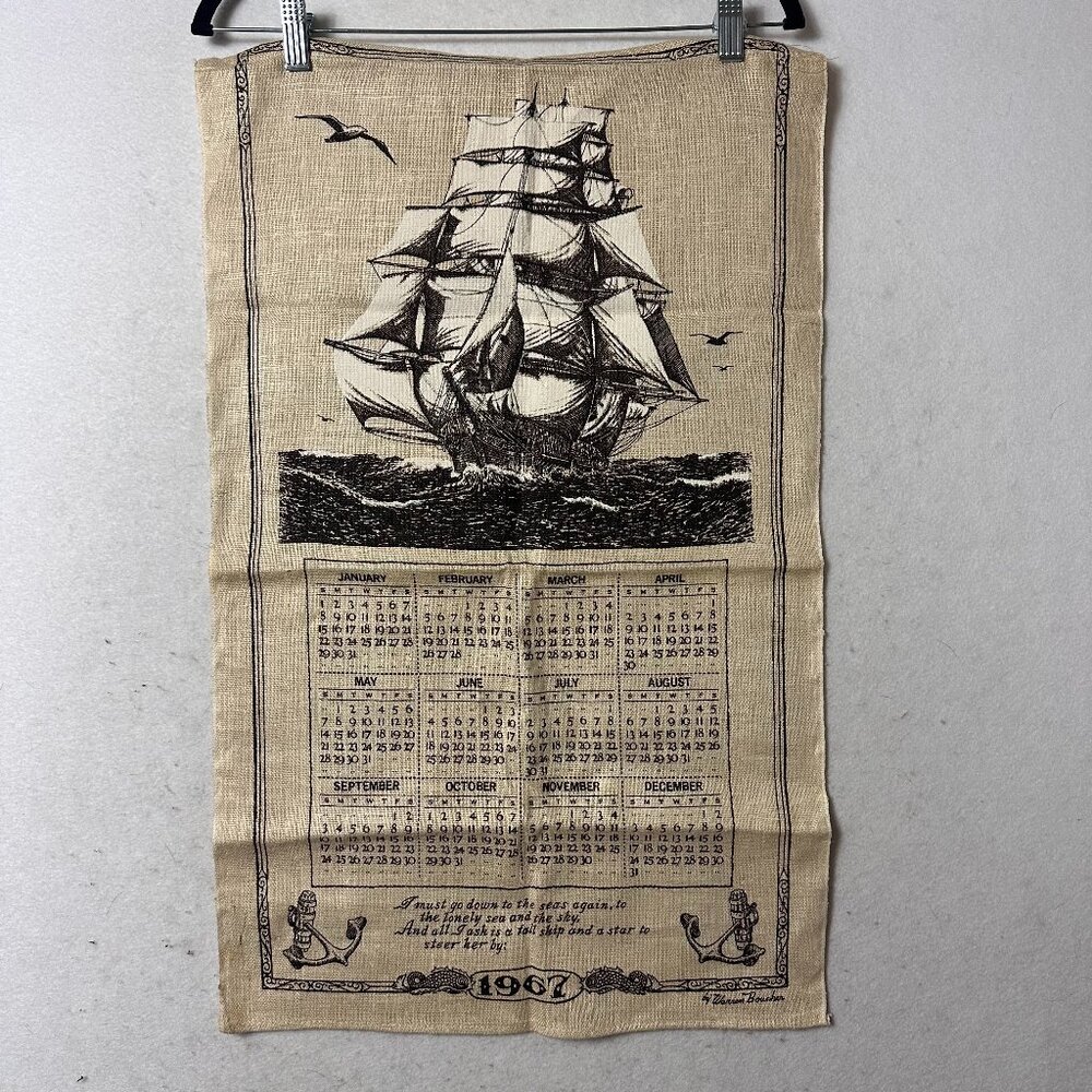 Linen‎ Tea Towel 1966 calendar by Warren Boucher sailing ship pirates caribbean